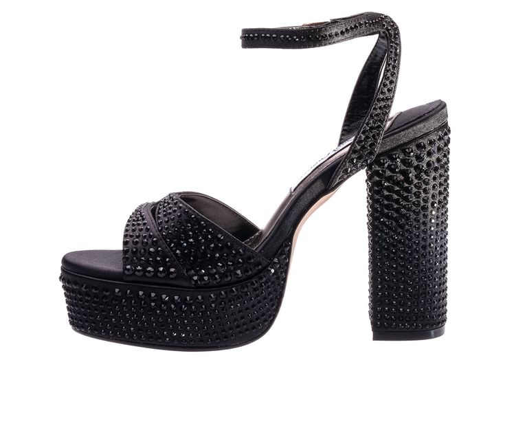 Man Made Textile Rhinestone covered upper, Ankle strap with adjustable buckle closure for secure fit, Elastic stretch bit on rear ankle strap for easy entry, Round open toe,4.5\ rhinestone wrapped block heel / platform, Lightly padded insole for added comfort, Man Made outsole | Women's Lady Couture Doll Platform Dress Sandals in Black Size 6 Formal Bedazzled Ankle Strap Sandals, Black Ankle Strap Sandals With Rhinestones, Glamorous Bedazzled Sandals For Night Out, Bedazzled Ankle Strap Sandals For Party, Crystal Embellished Open Heel Sandals For Night Out, Synthetic Sandals With Rhinestones For Evening, Crystal Embellished Open Toe Sandals For Night Out, Fitted Rhinestone Sandals For Night Out, Evening Sandals With Rhinestones, Synthetic