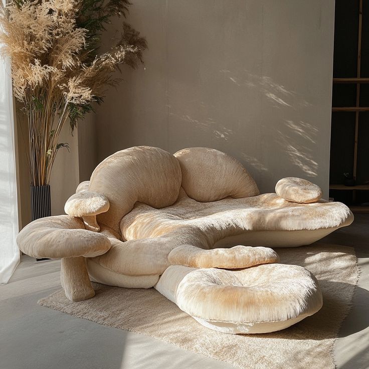 a couch made out of pillows sitting on top of a rug next to a vase