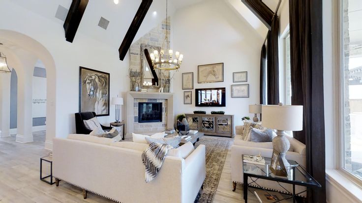 a living room filled with furniture and a fire place in the middle of a room