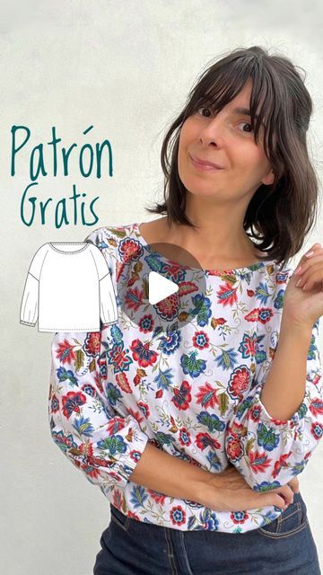 a woman wearing a white top with flowers on it and the words patron gratis