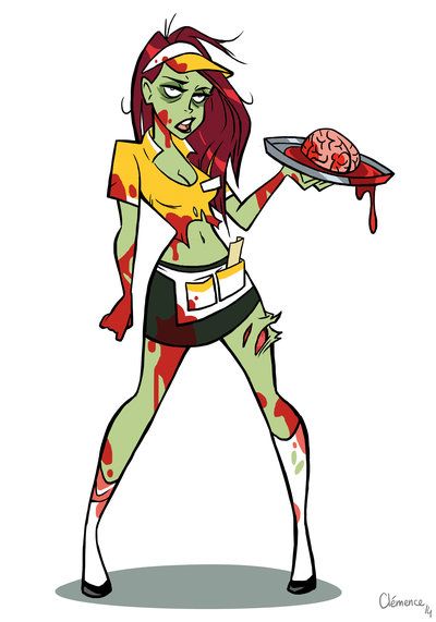 a zombie girl holding a plate with food on it