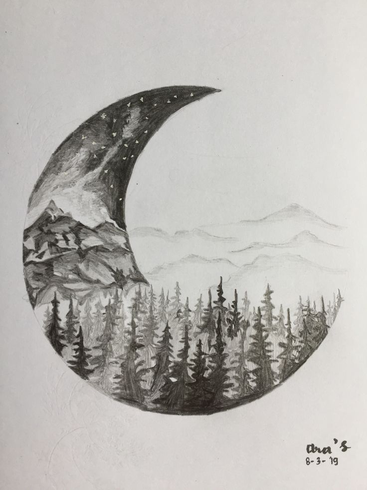 a drawing of a half moon with trees and mountains in the background