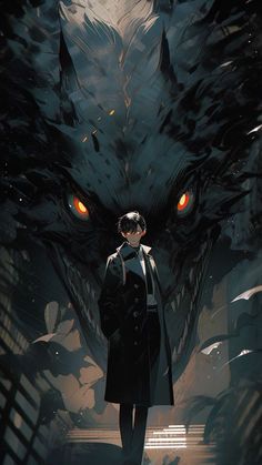 a man standing in front of a giant demon with red eyes and an evil look on his face