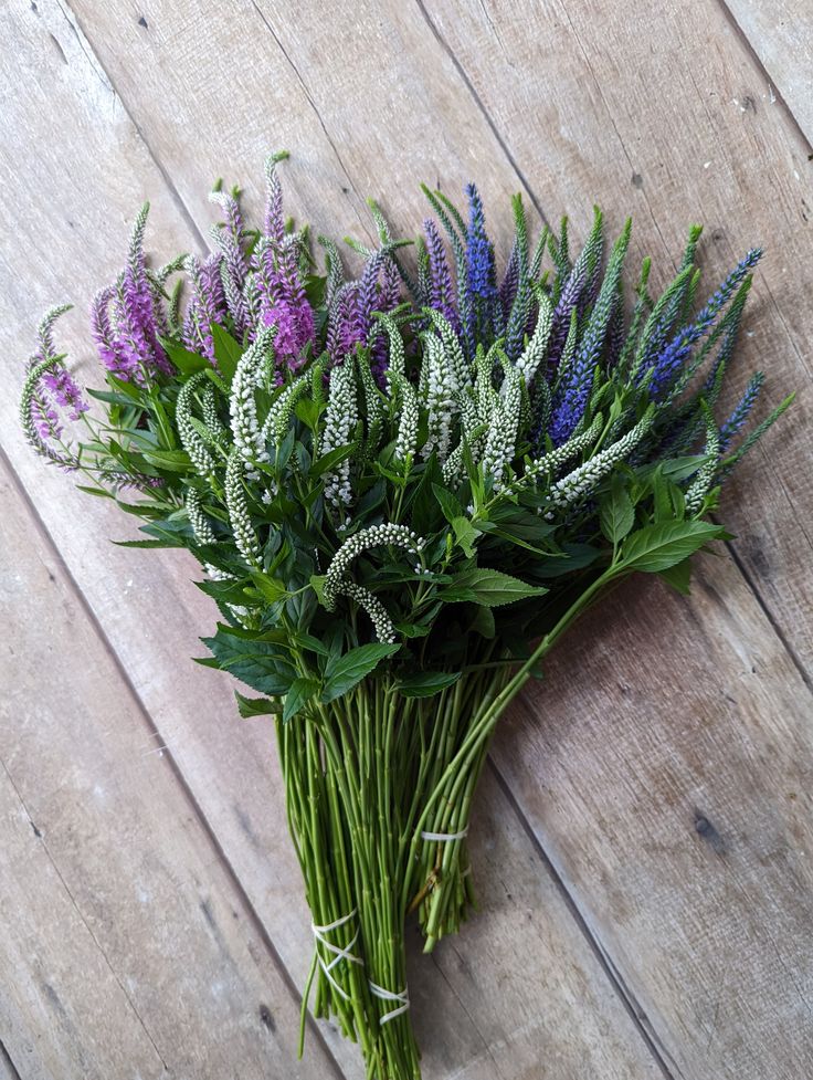 a bunch of flowers sitting on top of a wooden floor