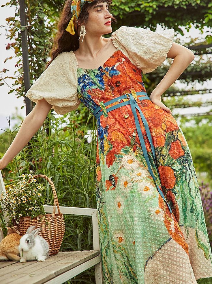 A dress featuring Van Gogh's "Daisy and Poppy in a Vase".





 <Size>



 small size






 Length: 104cm

 Shoulder width: 39cm

 Bust: 89.5cm

 Waist: 71cm

 Sleeve length: 34.5cm




 medium size



 Length: 107cm

 Shoulder width: 40cm

 Bust: 93.5cm

 Waist: 75cm

 Sleeve length: 35cm




 L size



 Length: 110cm

 Shoulder width: 41cm

 Bust: 97.5cm

 Waist: 79cm

 Sleeve length: 35.5cm









 <Material>



 polyester

 Viscose

 Nylon






 <model wearing>



 wearing size



 medi Fitted A-line Dress For Picnic, Bohemian A-line Midi Dress For Garden Party, Puff Sleeve Dress With Floral Print For Garden Party, Garden Party Puff Sleeve Floral Dress With Fitted Bodice, Fitted Short Sleeve Maxi Dress For Picnic, Flowy Floral Print Puff Sleeve Dress For Garden Party, Floral Print A-line Dress For Picnic, Flowy Puff Sleeve Floral Dress For Garden Party, Summer A-line Dresses For Garden Party