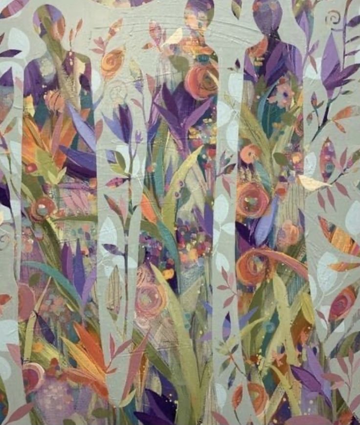 an abstract painting with flowers and leaves in purple, green, orange and white colors