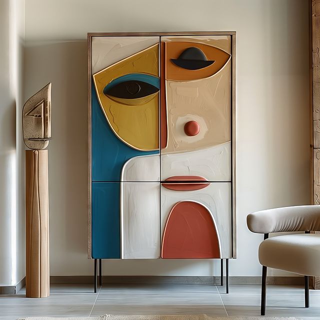 an abstract painting on a cabinet next to a chair