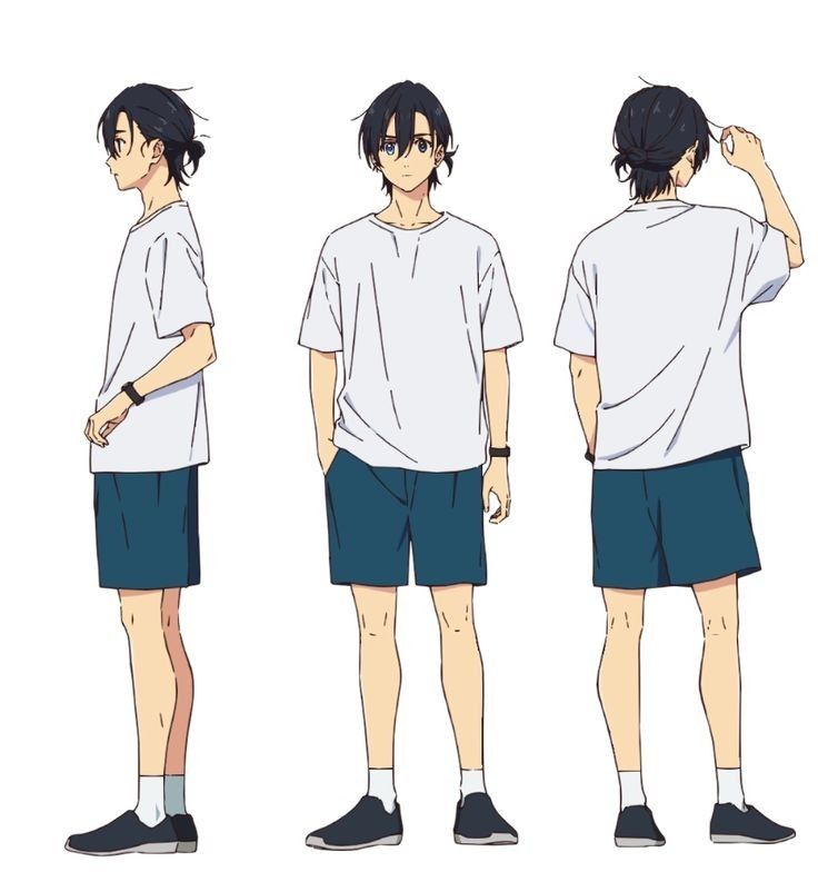 three different views of an anime character wearing shorts and t - shirts, one with his hand on his head