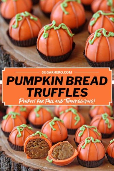 pumpkin bread truffles with green sprinkles are on a wooden platter