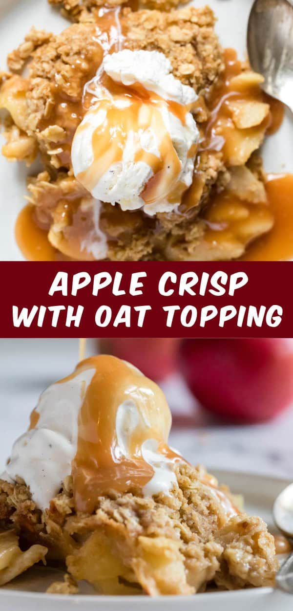 an apple crisp with oat topping on top is shown in this collage, and the