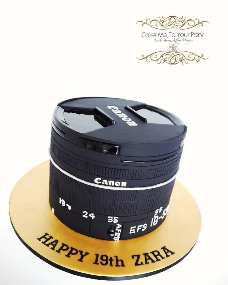 a camera cake with the words happy 19th birthday written on it and an image of a lens