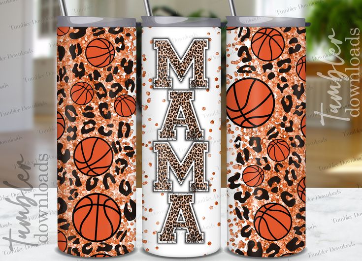 two personalized tumblers with basketballs and leopard print, one is for the team