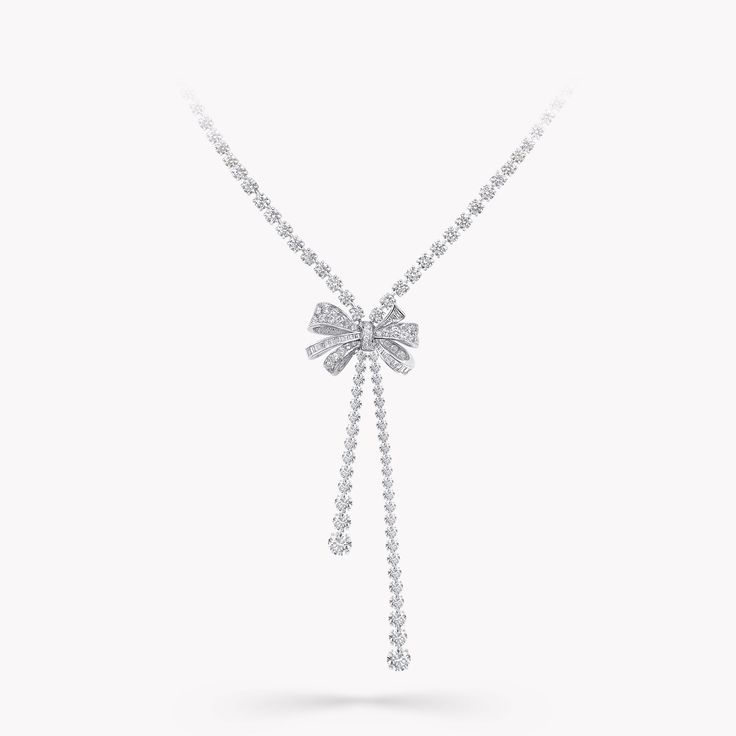 Tilda’s Bow Double Strand Round Diamond Necklace Round Diamond Necklace, Diamond Drop Pendant, Graff Diamonds, Classic Diamond Ring, Pear Shaped Diamond Ring, Diamond Drop Necklace, The Bling Ring, Diamond Bows, White Gold Necklace