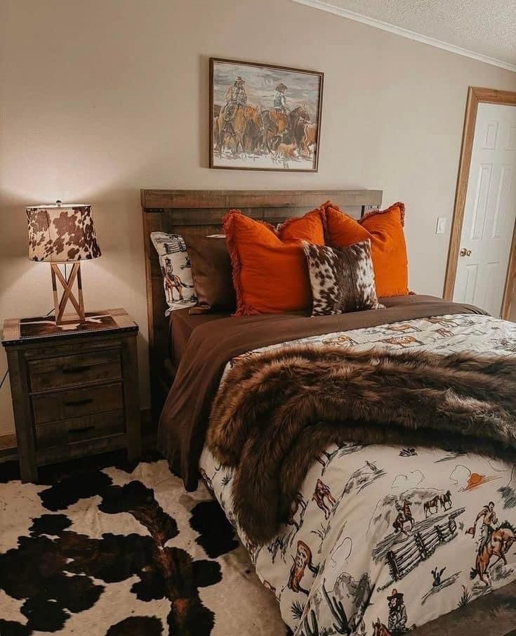 a bed with orange and brown pillows in a bedroom next to a door that has a cow print rug on the floor