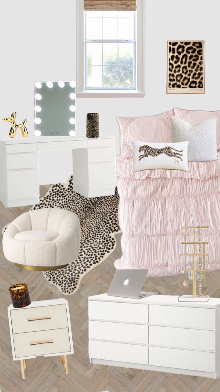 the bedroom is decorated in pink and white with leopard prints on the bedding, nightstands, mirror, chair, desk, lamp, and other items