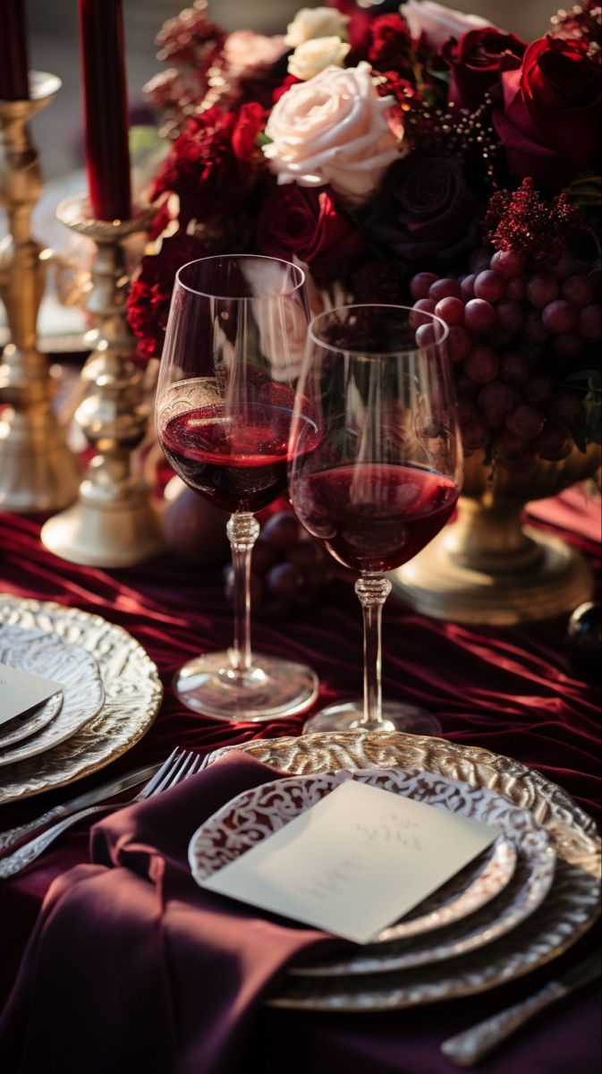 two wine glasses sitting on top of a table with plates and napkins next to each other