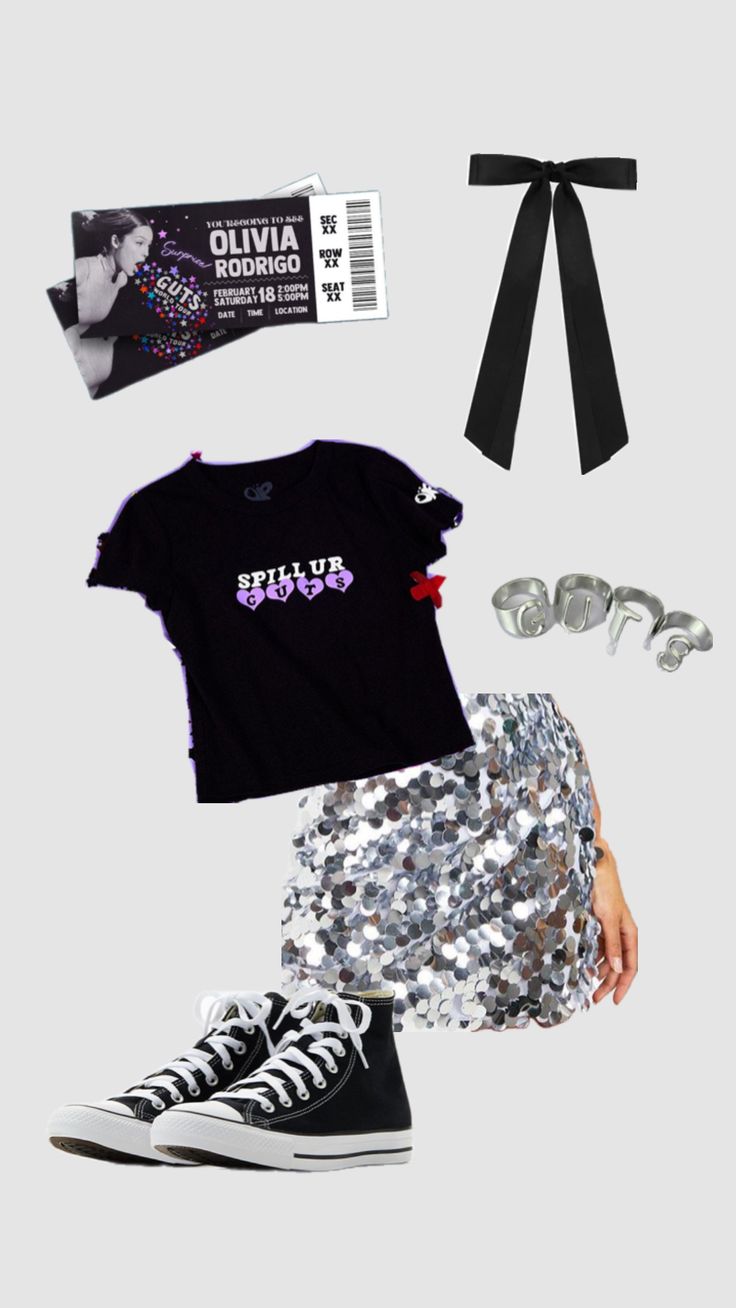 an outfit with silver sequins, black shirt and converse sneakers is featured in this image