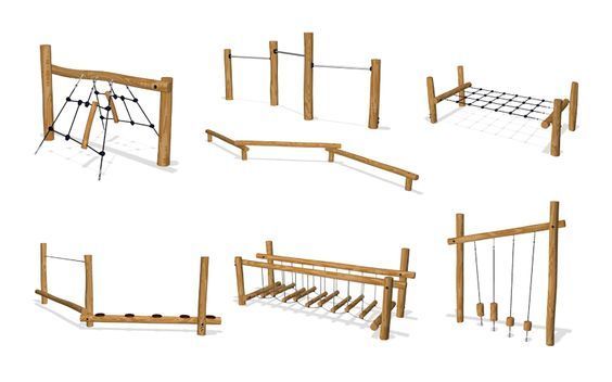 various wooden swings and bars for children to play on