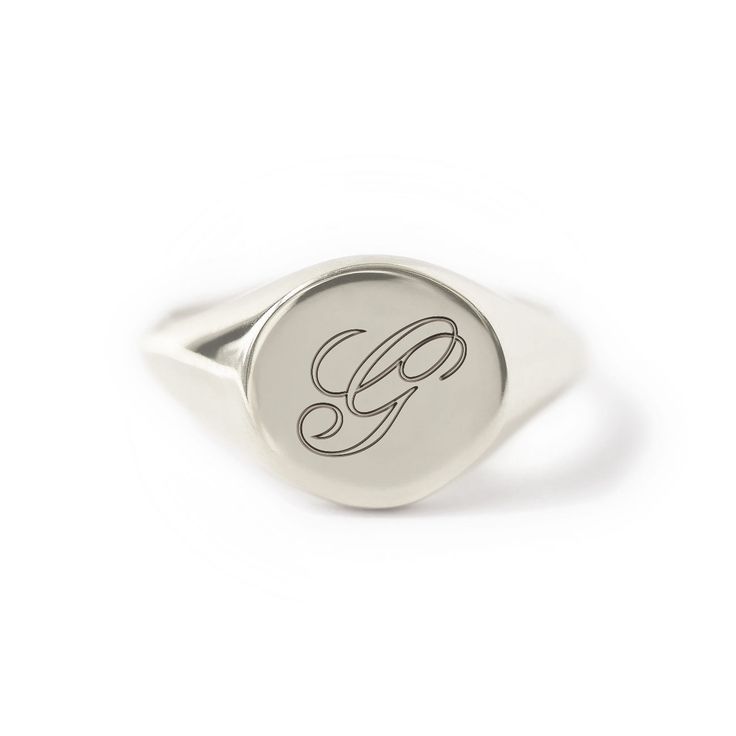 An elegant Script Initial engraved onto our bold Signet Ring. Good weight with a smooth comfort fit polish. Sterling Silver Hypoallergenic, lead and nickel free Diameter 10mm Band Thickness 2mm #R010 Script Initial, Sterling Silver Initial, Silver Signet Ring, Stylish Rings, Engraved Rings, Signet Ring, Timeless Pieces, Sterling Silver Rings, Cufflinks