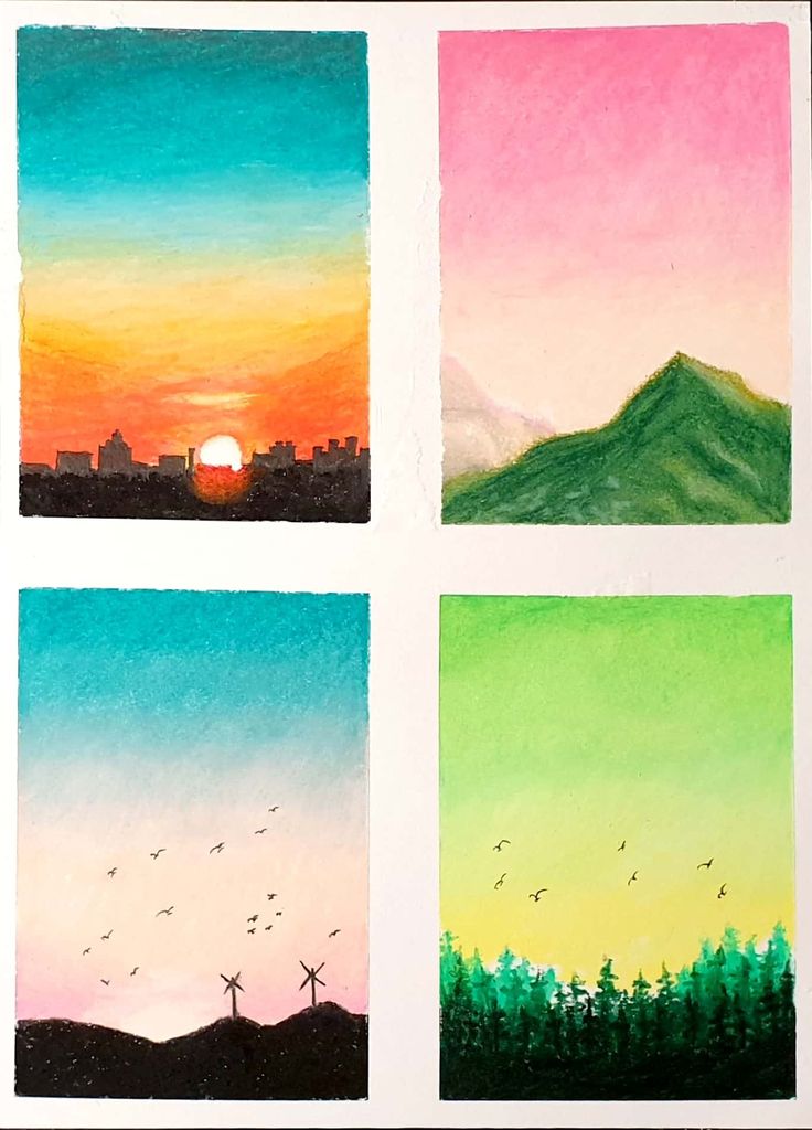 four different colored paintings on paper with trees and mountains in the background at sunset or dawn