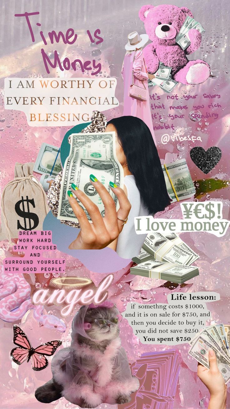 a collage of images with words and pictures on them that include money, a teddy bear