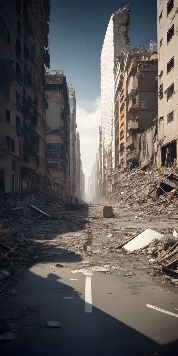 an empty city street with buildings and debris