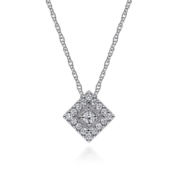 With a round center diamond in a tilted square halo, this white gold necklace sports a refreshingly clean design. Luxury White Square Pendant Necklace, Luxury White Gold Square Pendant Jewelry, Square Pendant Necklace, Gold Fashion Necklace, White Gold Necklaces, Square Pendant, Clean Design, White Gold Diamonds, Shop Necklaces