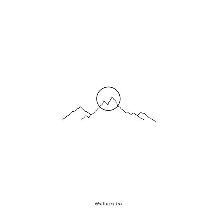 a black and white line drawing of mountains with a sun in the sky above them