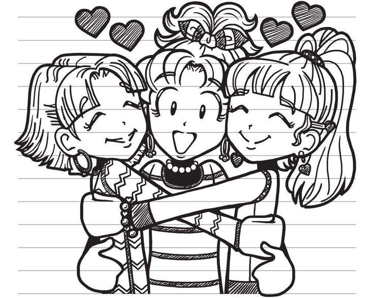 three girls hugging each other on lined paper with hearts in the sky behind them illustration