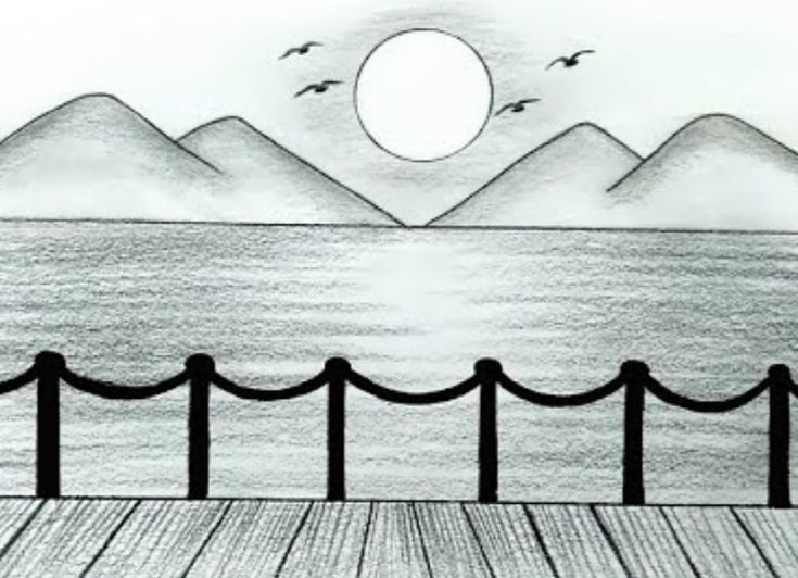 a pencil drawing of a landscape with mountains and seagulls flying over the water