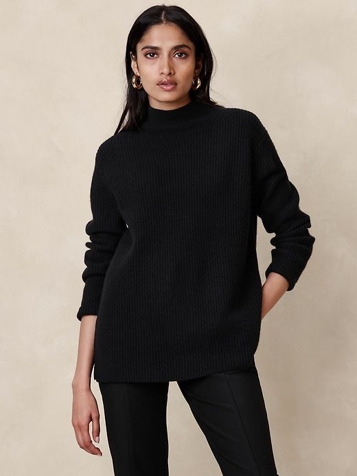 Curio Cashmere Ribbed Sweater | Banana Republic Fine Knit Funnel Neck Sweater For Work, Workwear Fine Knit Funnel Neck Sweater, High Neck Cashmere Sweater For Work, Cashmere Funnel Neck Sweater For Layering, Cashmere Funnel Neck Sweater For Work, Funnel Neck Cashmere Sweater For Work, Soft Knit Funnel Neck Sweater For Work, High Neck Sweater With Ribbed Collar For Layering, Ribbed Collar High Neck Sweater