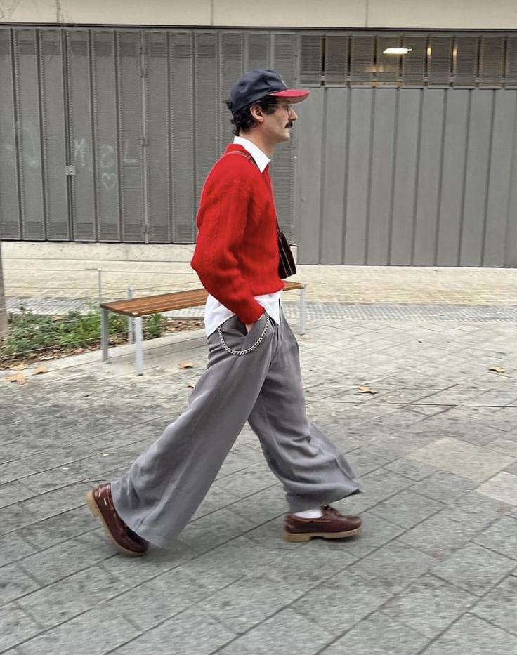 Men’s Artsy Fashion, Grey Pants Outfit Men, Artsy Outfit Men, Red Pants Men, European Mens Fashion, Aesthetic Male Outfits, Grey Pants Outfit, Pants Outfit Men, Mens Casual Dress Outfits