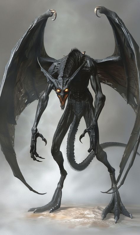 a black dragon with horns and claws on its head is standing in front of a cloudy sky