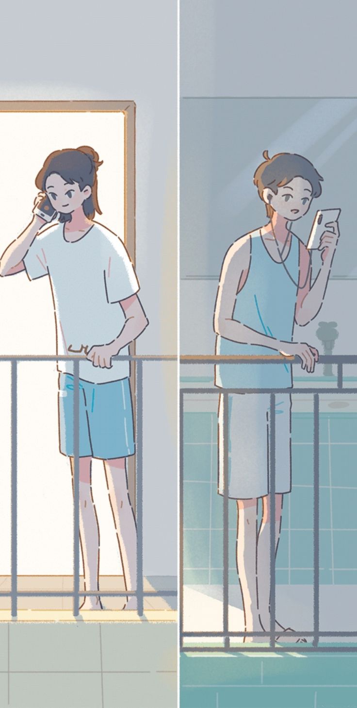 two people standing in front of a mirror and one is holding a cell phone to his ear