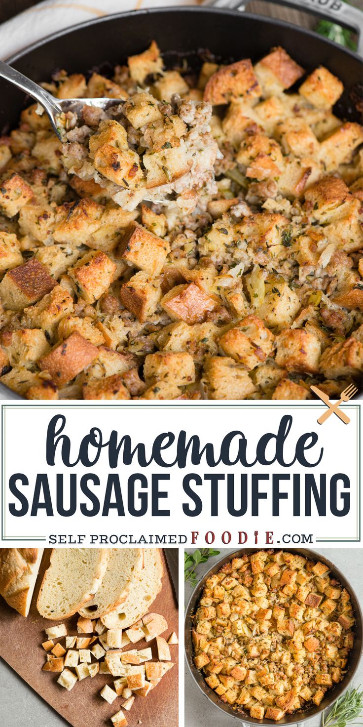 homemade sausage stuffing in a cast iron skillet with text overlay that reads homemade sausage stuffing