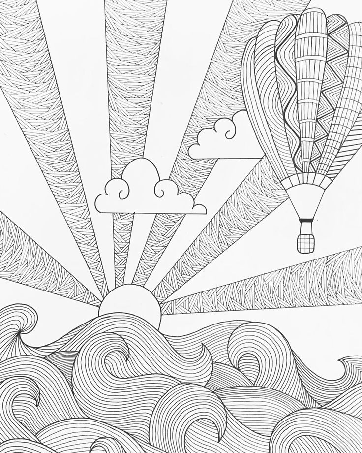 a black and white drawing of hot air balloons flying over the ocean with clouds in the sky