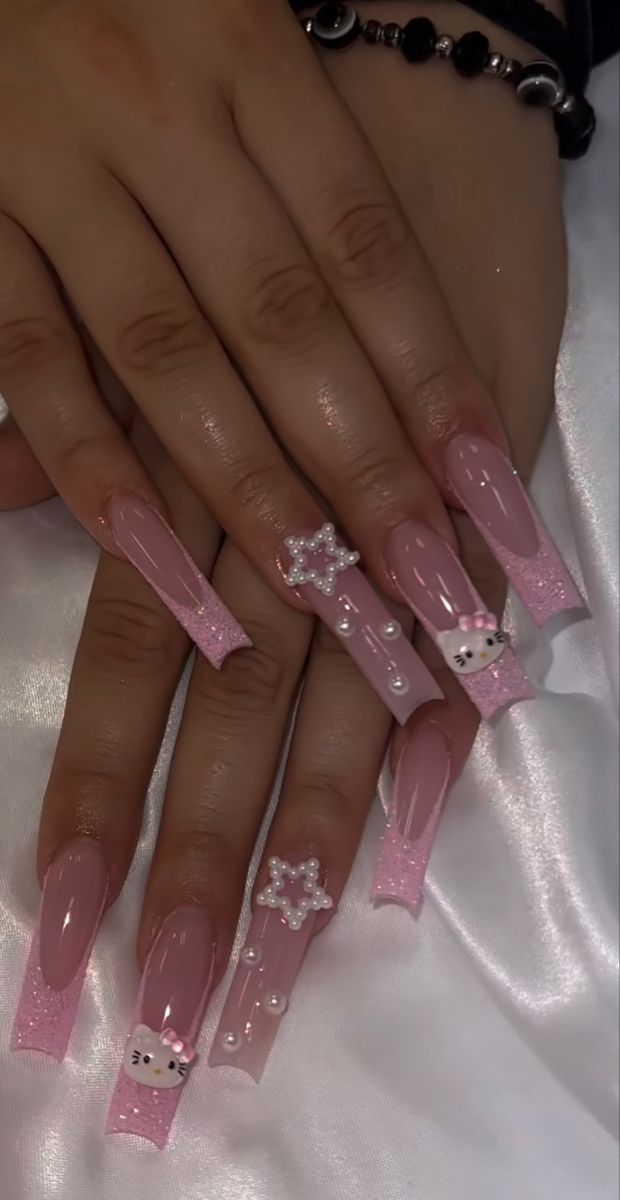 Pink Nails With Hello Kitty Charms, Solid Color Nails With Charms, Pink Nails With Charms, Junk Nails, Retro Nails, Hello Nails, Airbrush Nails, Girly Acrylic Nails, Hello Kitty Nails