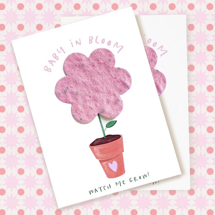 a baby in bloom card with a potted plant