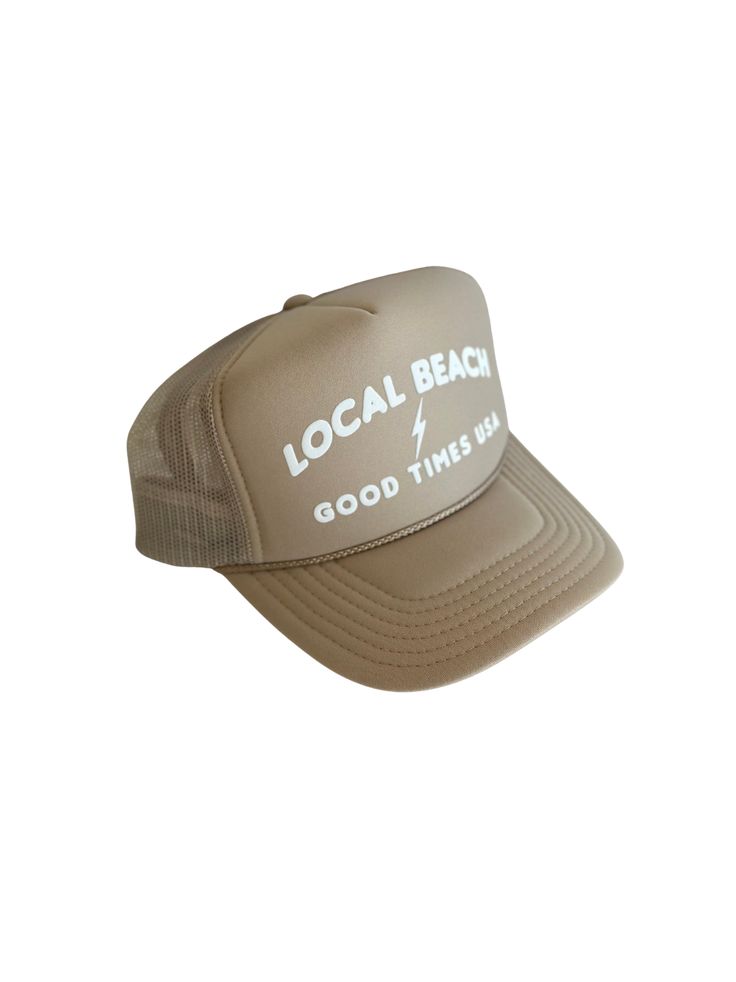 Local Beach Good Times USA Trucker Hat Beach days are the best days! This his or hers trucker is part of our Timeless Summer Collection. Cute and perfect for your next day in the sun. So light, medium profile and a perfect addition to your growing hat collection. 5 Panel Foam Mesh Back Trucker, Pro Style Adult Sizing 100% Poly Foam Front, 100% Nylon Back Summer Outdoor Hat With Curved Bill, Curved Bill Hats For Summer Outdoor Activities, Curved Bill Hats For Summer Outdoor, Lightweight Summer Baseball Cap, Curved Bill Hat For Summer Outdoor, Summer Trucker Hat For Outdoor, Casual Hats For Summer Adventures, Casual Curved Brim Hat For Summer Adventures, Summer Outdoor Snapback Trucker Hat