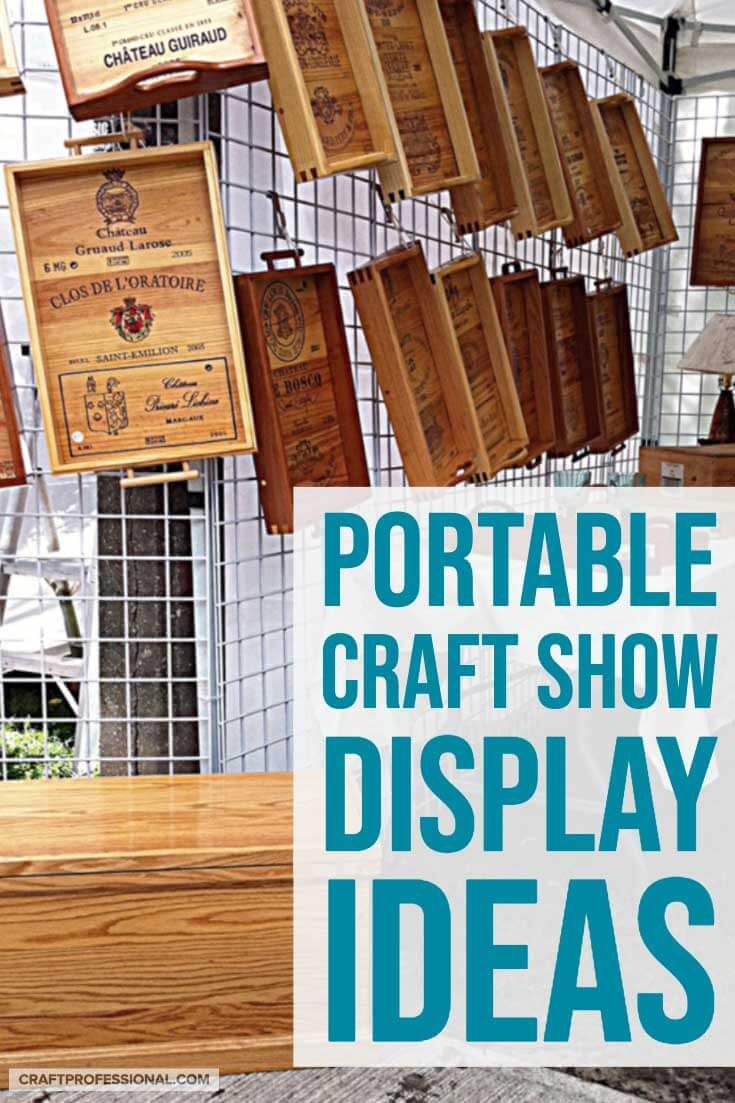 the words portable craft show display ideas are hanging on a wire wall above a wooden table