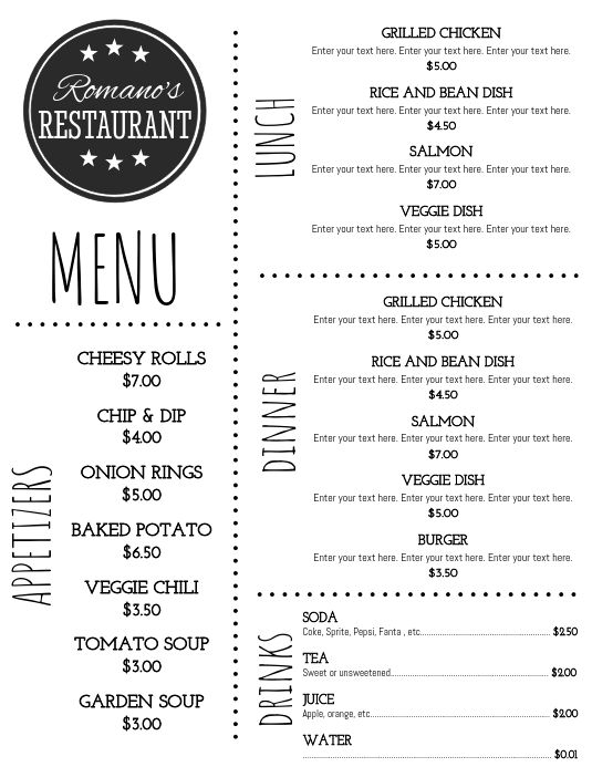 a menu for a restaurant with price tags on the front and back side, including prices