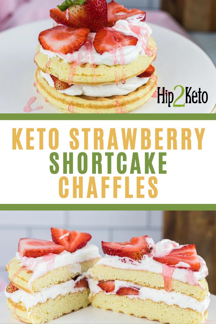 keto strawberry shortcakes are stacked on top of each other and topped with whipped cream