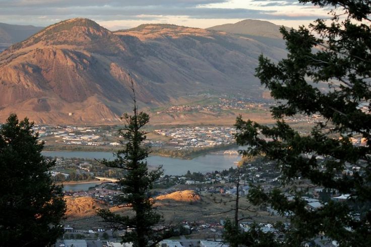 a view of a city and mountains from the top of a hill with trees in front of it