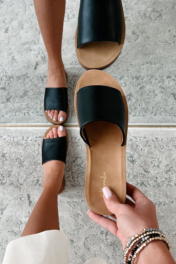 Color: Black Style: Slide Sandals Faux Leather Strap 1" Platform Sole Runs True To Size - If Between, Size Up Launched: 4/25/24 Slip On Sandals, Leather Slide Sandals, Leather Slides, Sandals Black, Leather Slip Ons, Black Style, Slide Sandals, Slip On Sandal, Black Sandals