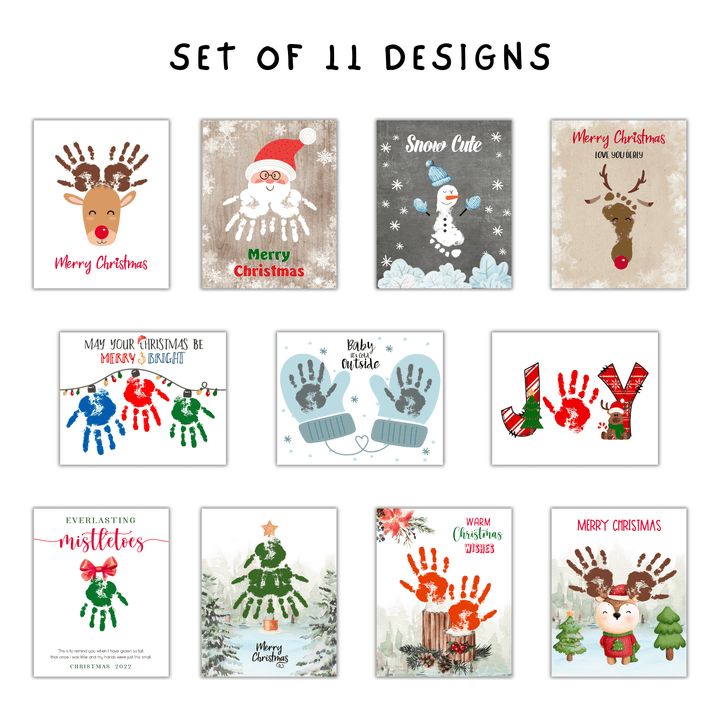 six christmas cards with hand prints on them and the words set off designs in red, green