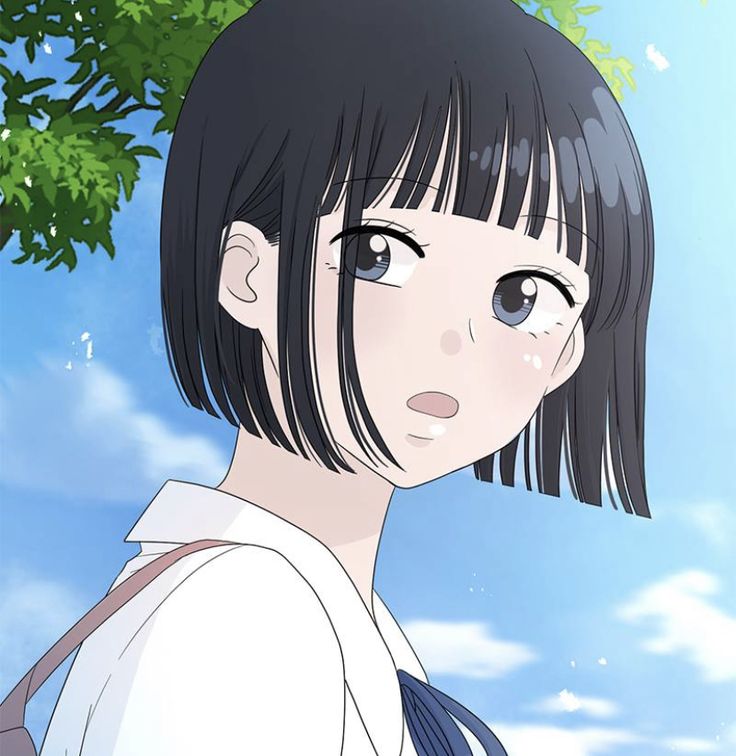 an anime character with black hair and blue eyes looks at the camera while standing under a tree