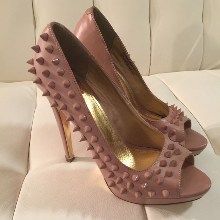 Never Worn Before. Reads Size 39 Fits Size 8 Spring Synthetic Heels With Spikes, Studded Synthetic High Heels, Studded High Heel Synthetic Heels, Studded High Heels In Synthetic Material, Chic Studded Open Toe Heels, Fitted Spiked Round Toe Heels, Synthetic High Heels With Studs, Spring Ankle Strap Heels With Spikes, Spring Leather Heels With Spikes