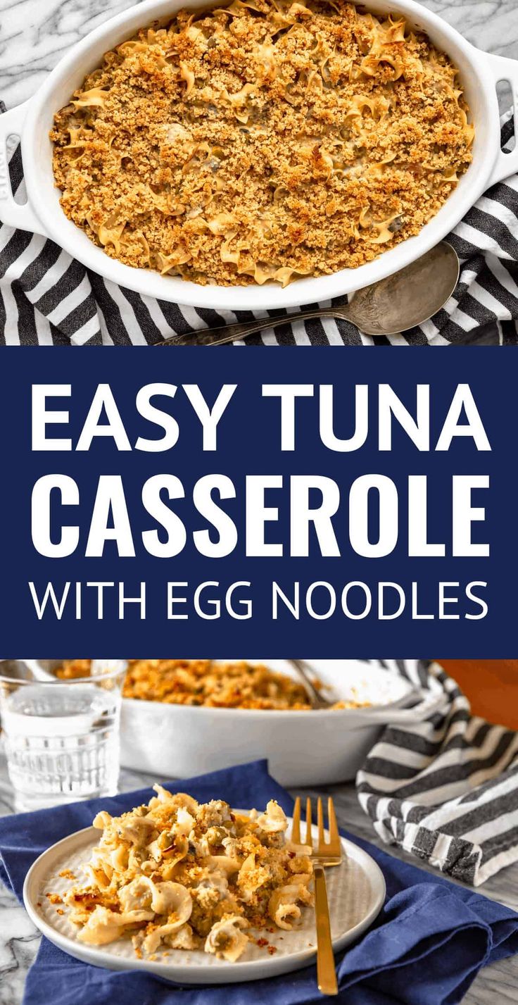 an easy tuna casserole with egg noodles in a white dish on a blue towel