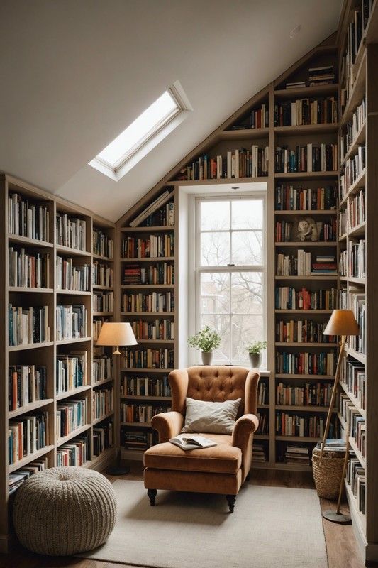 a room filled with lots of books next to a window and a chair in front of it