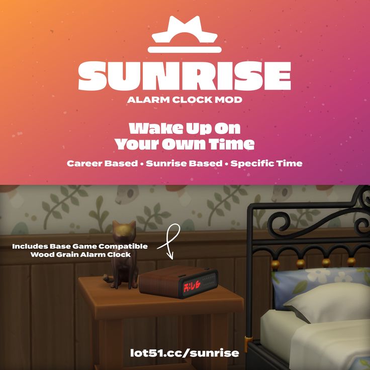 an advertisement for sunrise alarm clock mood wake up on your own time, featuring a bed and nightstand